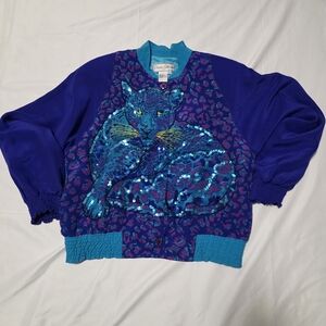 Diane Gilman Vintage Blue and Purple Sequin Panther Jacket 100% Silk S